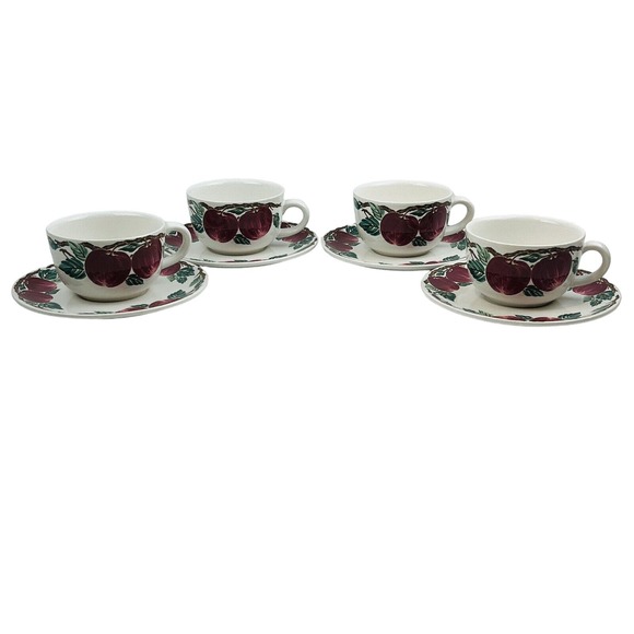 Nancy Calhoun Bella Roma 4 Cup & Saucer Set Lot Apples‎ Cafe Classico Vintage - Picture 1 of 9